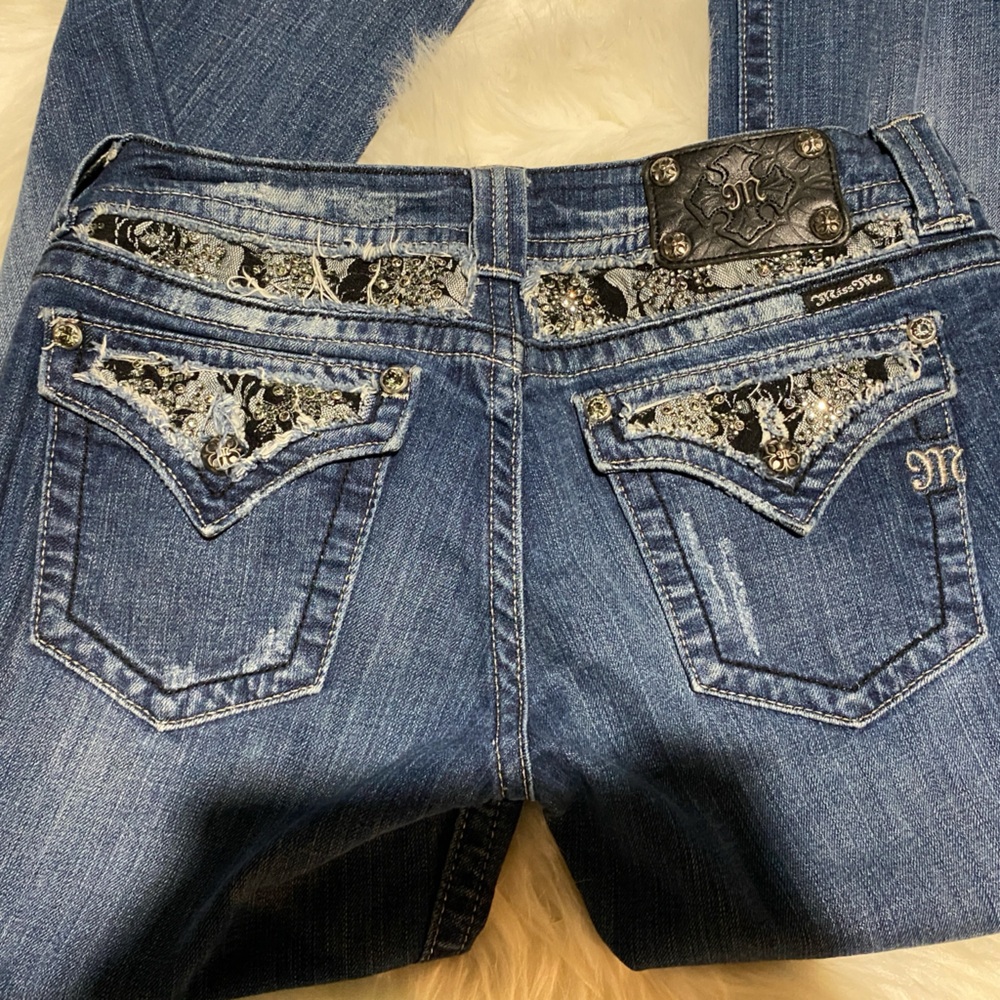Miss Me Blue Boot Cut Jeans with Rhinestone Embellishments